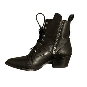 ALLSAINTS KATY LEATHER LACE UP MOTO COMBAT CHUNKY BLACK 38 US 9 POINT TOE